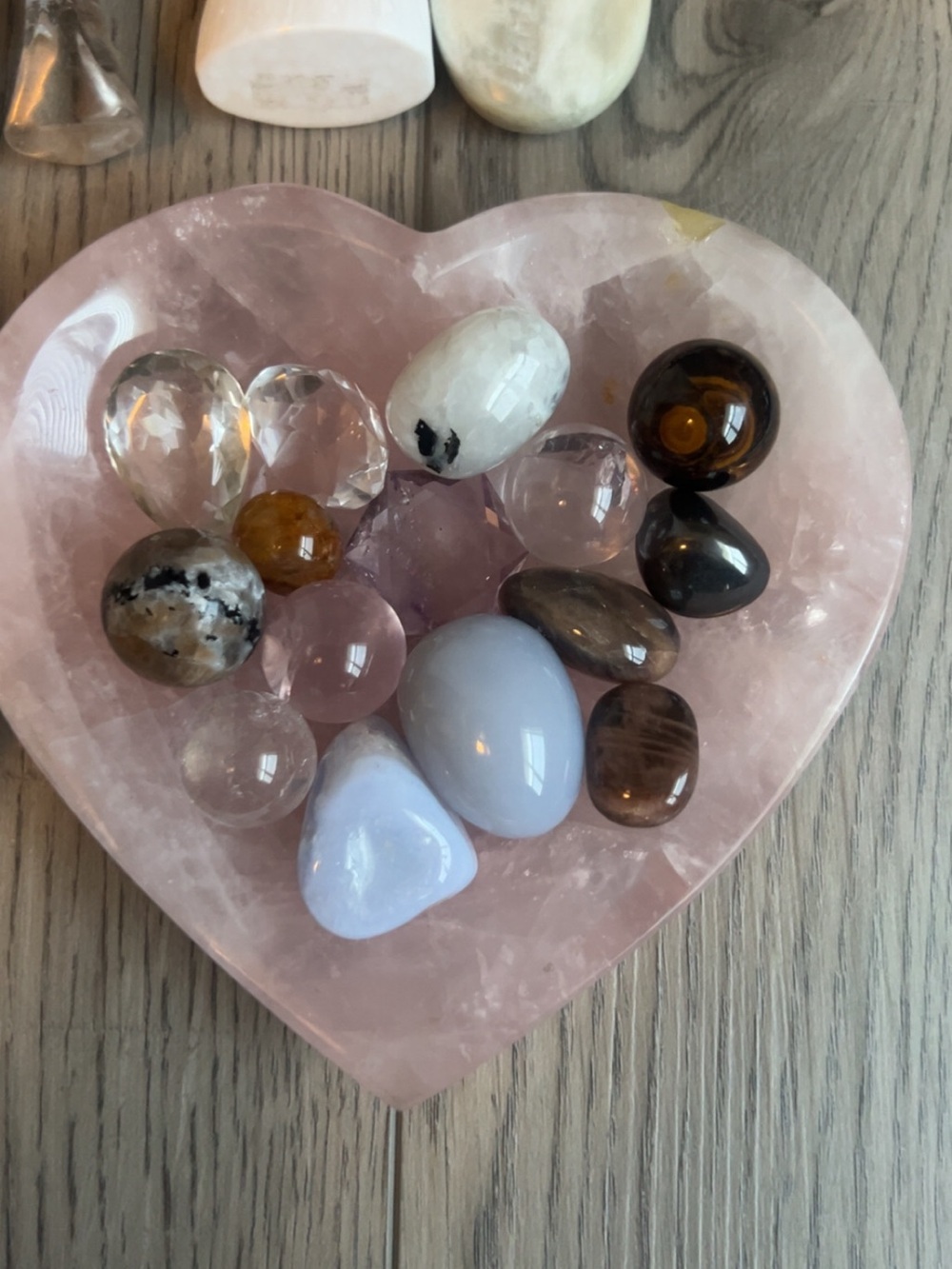 Rose Quartz Heart Decorative Bowl with Mixed Crystal Tumbled Stones - Pink